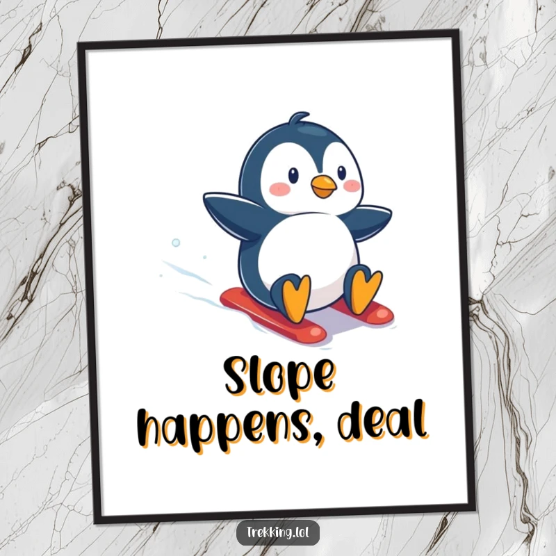 Funny digital art print of an ecstatic penguin speeding down a snowy slope, capturing the pure joy and excitement of winter sports.