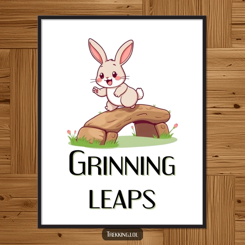 Funny rabbit log bridge digital art print of a happy rabbit with a grin, hopping over a tiny log, perfect for wall art.