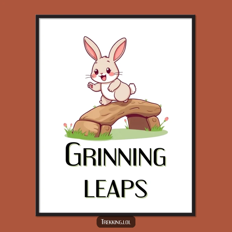 Funny Rabbit Log Bridge Digital Art: Happy Hopper Rabbit, Cheerful Woodland Wall Decor