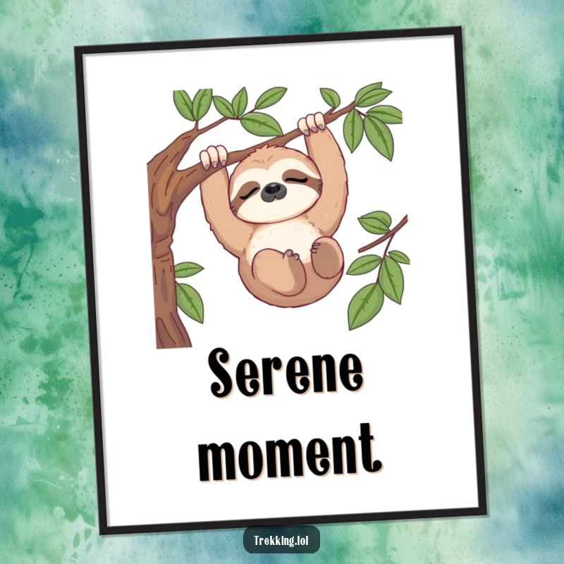 Funny digital artwork of a sleepy sloth hanging serenely from a branch, enjoying a beautiful and peaceful vista.