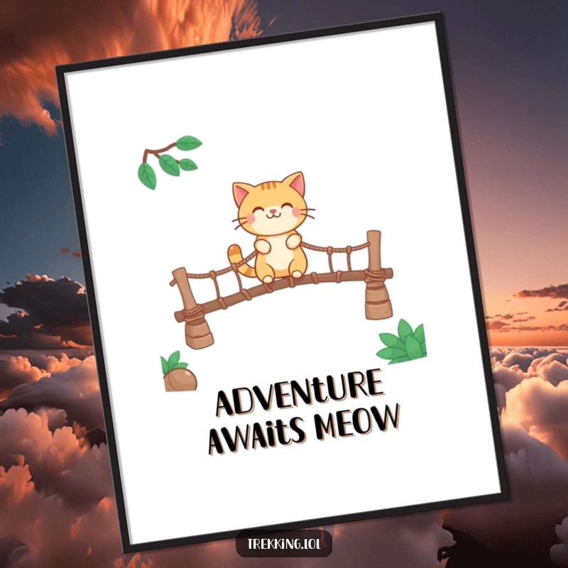Funny digital art print of a smiling cat character crossing a rickety rope bridge, ideal for adventurous decor.