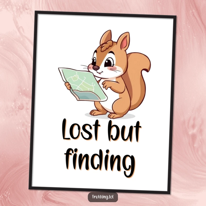 Funny digital art print of a curious squirrel pointing at a map with a determined expression, perfect for downloadable humorous decor.