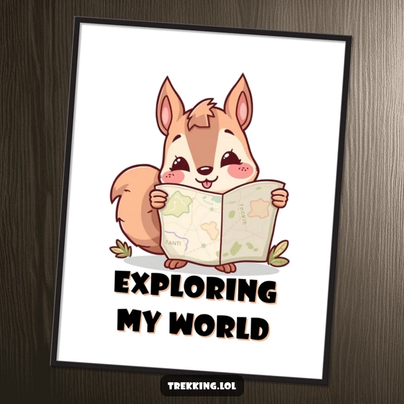 Funny digital art print of a smiling squirrel character peering at a map, conveying curiosity and humor for instant download.