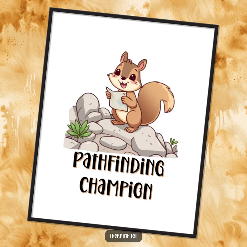 Funny squirrel digital art print showing a cheerful rodent holding a map, happily navigating a rocky path, inspiring adventure.