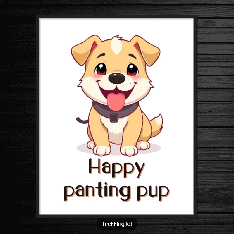 Funny digital art print of a happy dog panting contentedly after a short trek, ideal for instant, humorous, and joyful decor.