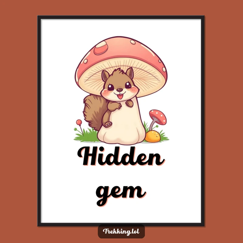 Funny Squirrel Mushroom Digital Art: Excited Peek Squirrel, Whimsical Forest Wall Decor