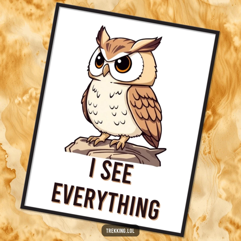 Funny proud owl surveying the landscape from a high vantage point, delivered as a digital art print for instant humorous decor.