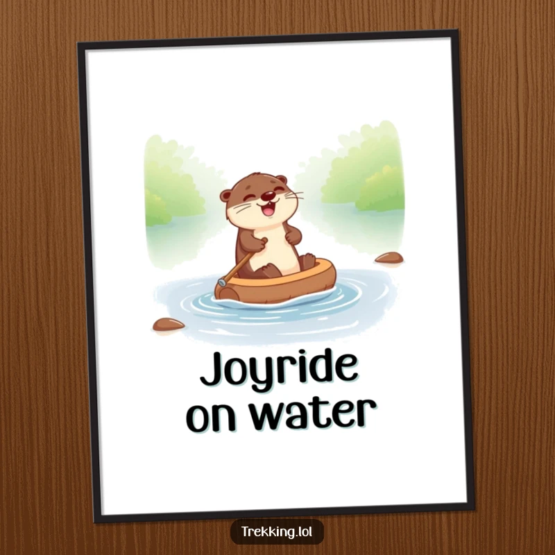 Funny otter digital art print showing a giggling otter joyfully paddling a tiny raft down a river, bringing aquatic fun.