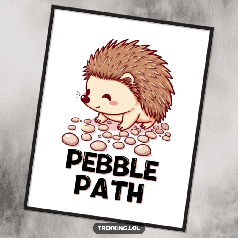 Funny digital artwork of a cheerful hedgehog carefully navigating a path of sparkling pebbles, conveying delightful adventure.