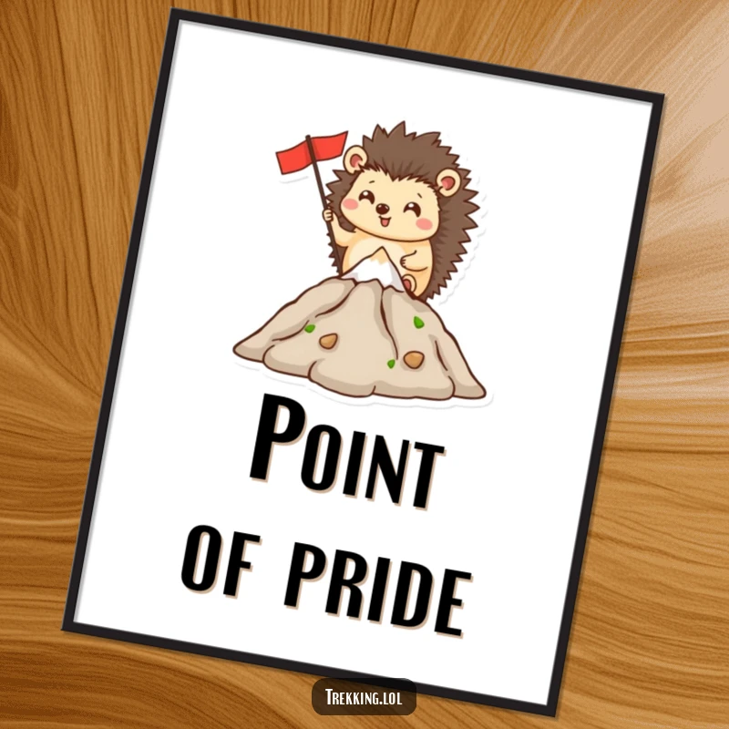 Funny digital art of a happy hedgehog planting a flag on a miniature mountain peak, conveying playful success.