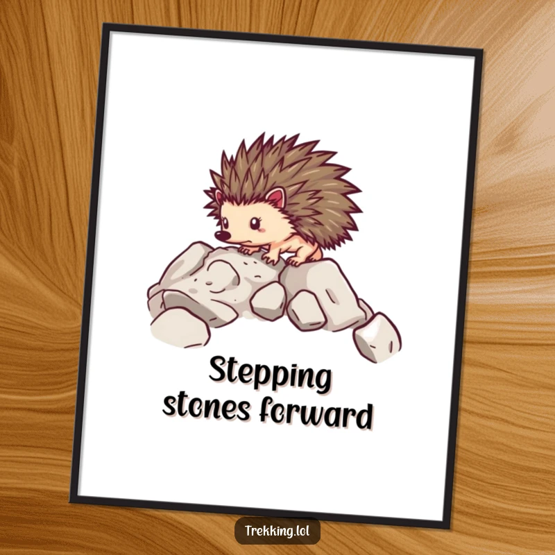Funny digital art of a determined hedgehog carefully navigating over rocky terrain, ready for instant download.