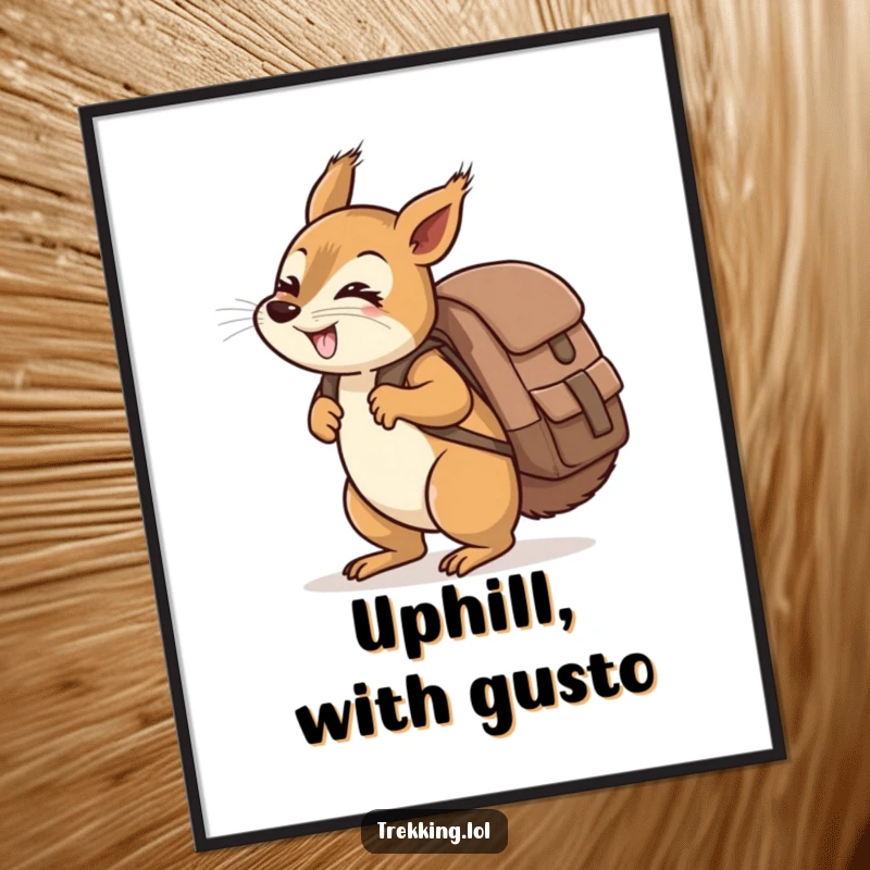 Funny giggling squirrel carrying a ridiculously oversized backpack uphill, digital art print for humorous decor.