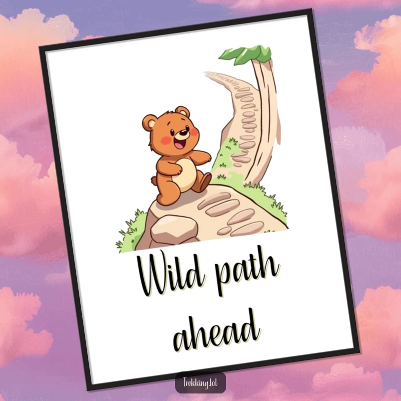 Funny digital art print of a determined bear gleefully navigating a steep, winding path, inspiring adventure and resilience.
