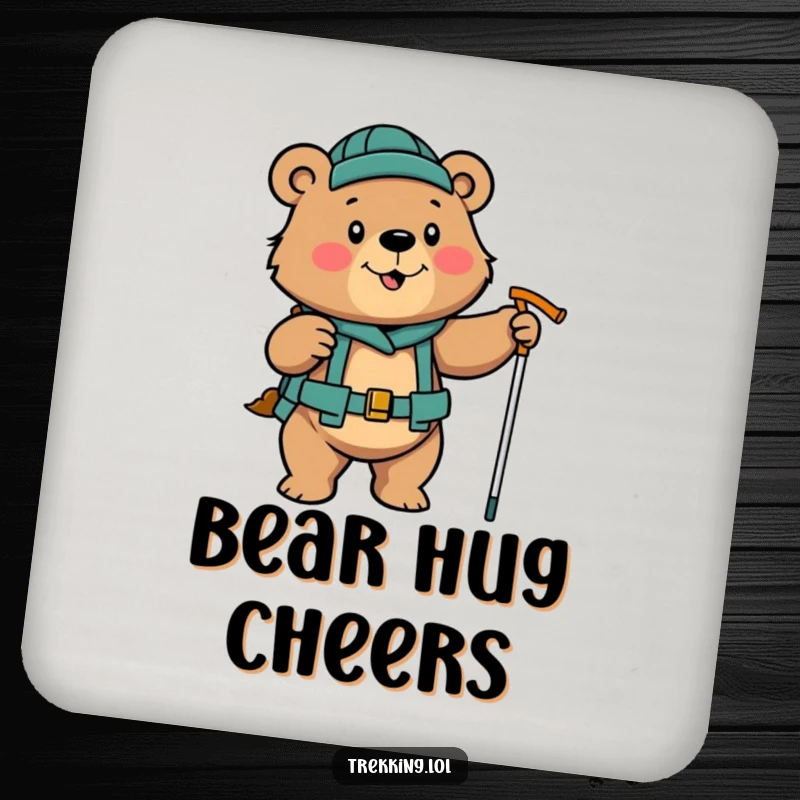 Funny determined bear enthusiastically using hiking poles on a coaster, strong table protection.