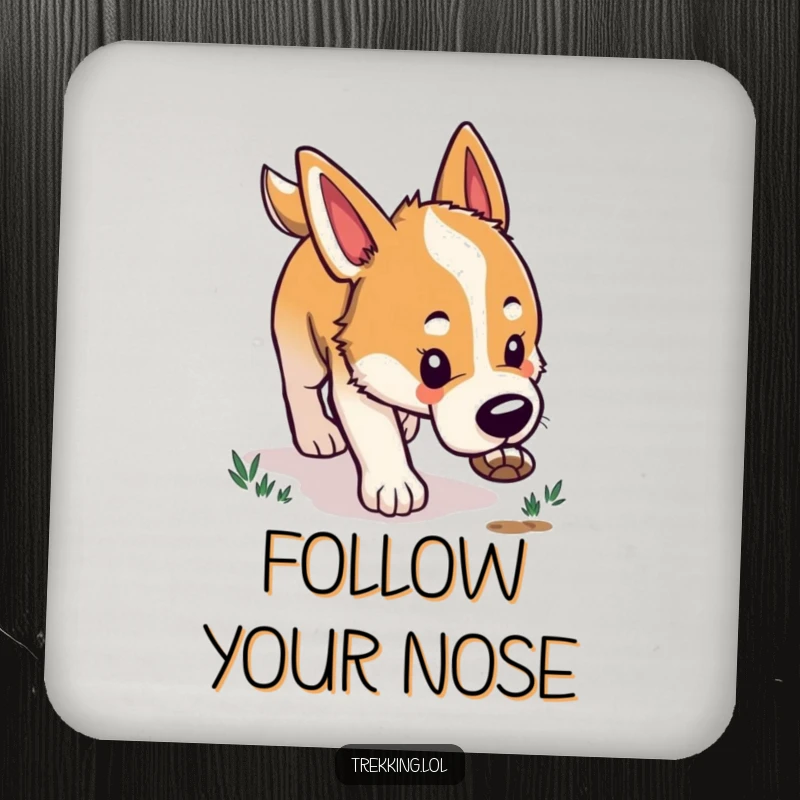 Funny drink coasters featuring a happy dog intently following a scent trail, ensuring drinks are placed safely with canine focus.