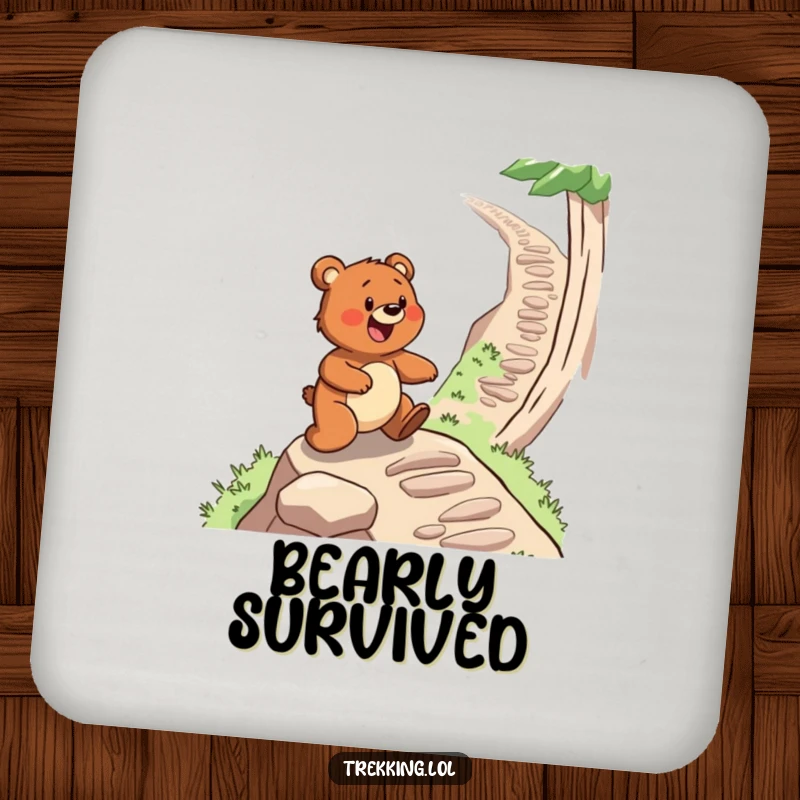 Funny drink coaster featuring a determined bear gleefully navigating a steep, winding path, perfect for outdoor-themed homes.