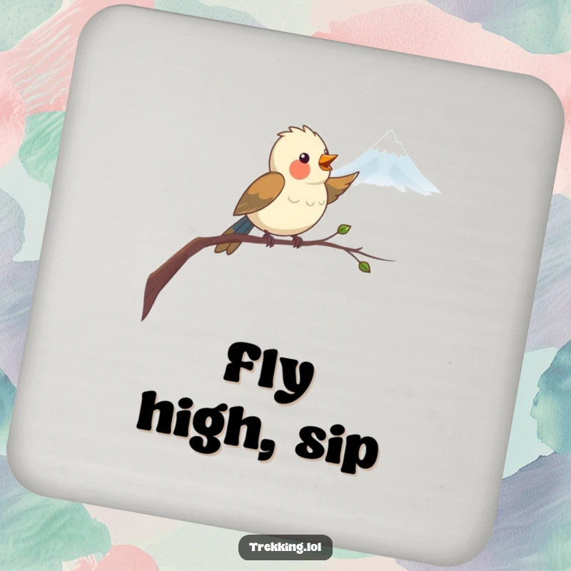 Funny Coaster featuring a delighted bird on a branch, pointing towards a distant mountain, protecting surfaces with humorous charm.