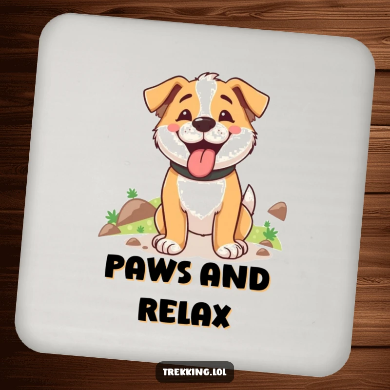 Funny drink coaster depicting a happy dog panting after an uphill trek, for protecting surfaces with humor.