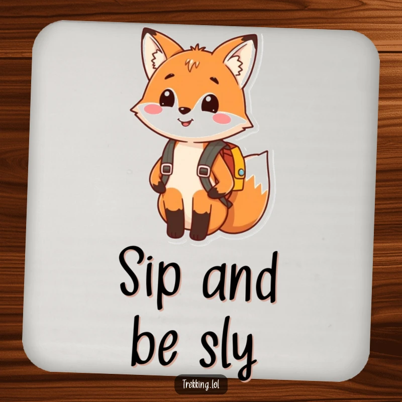 Funny drink coaster featuring a happy fox smiling and wearing a tiny backpack, perfect for adding charm and humor.