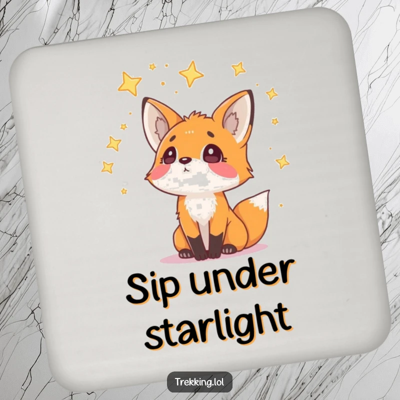 Funny Coaster featuring a curious fox looking up at scattered stars, protecting surfaces with humorous charm and cosmic wonder.