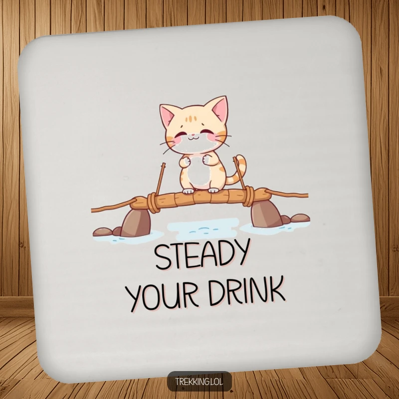 Funny drink coaster with a giggling cat character bravely crossing a wobbly rope bridge, protecting surfaces with humor.