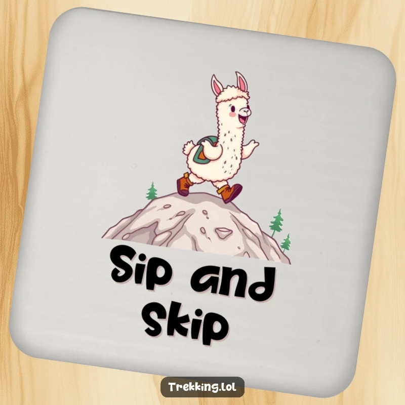 Funny happy alpaca wearing hiking boots, joyfully skipping up a mountain on a coaster, cheerful table protection.