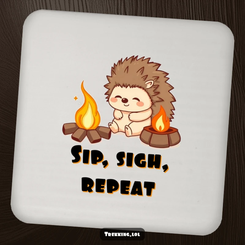 Funny drink coaster featuring a happy hedgehog sighing contentedly by a campfire, protecting surfaces with humor.
