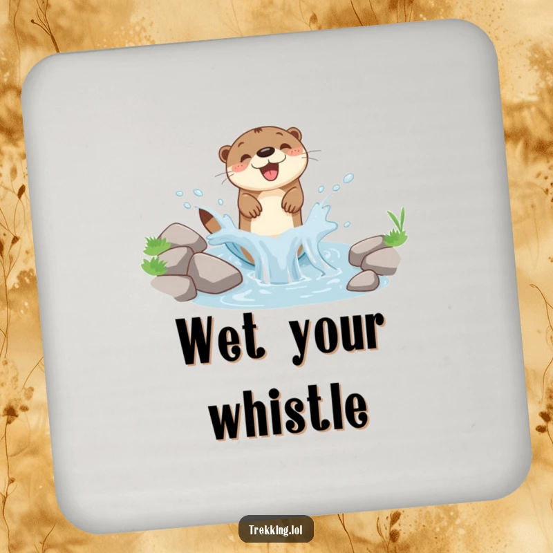 Funny drink coaster depicting a joyful otter splashing in a miniature mountain stream, protecting surfaces with humor.