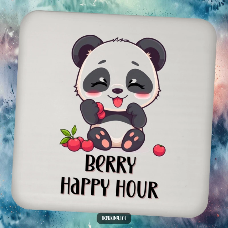 Funny panda coasters, a giggling panda character happily eating berries, adding charm and humor.