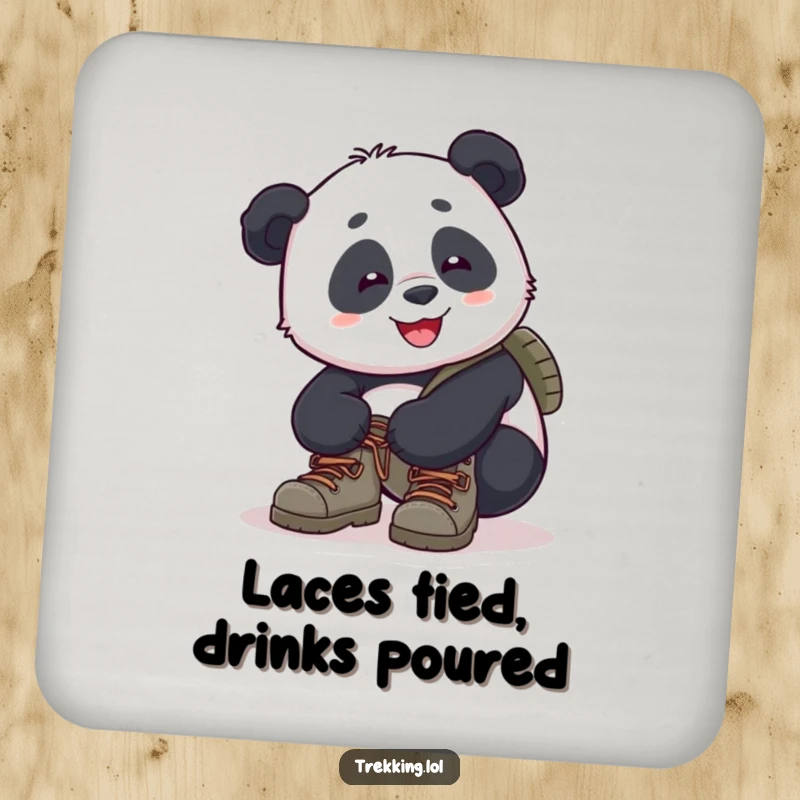 Funny panda drink coaster art of a panda tying its hiking boot laces, symbolizing preparation and outdoor readiness.