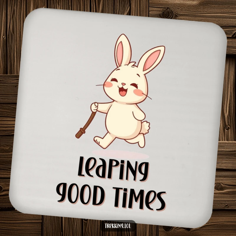 Funny drink coaster featuring a cheerful rabbit joyfully skipping and holding a walking stick, perfect for adding charm and humor.