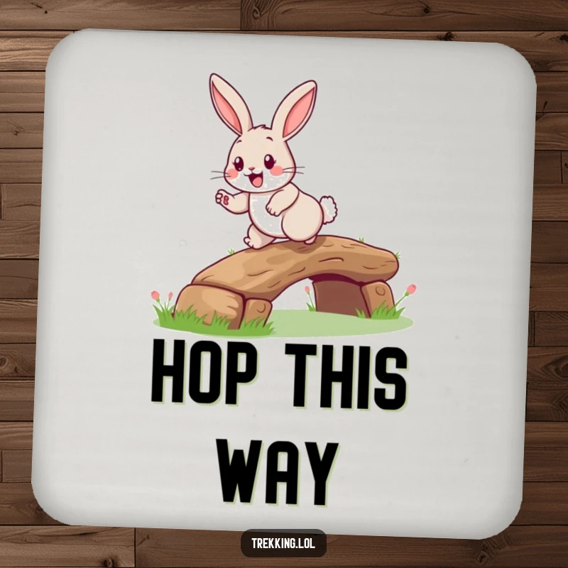 Funny rabbit log bridge coaster set featuring a happy rabbit with a grin, hopping over a small log, adding charm to settings.