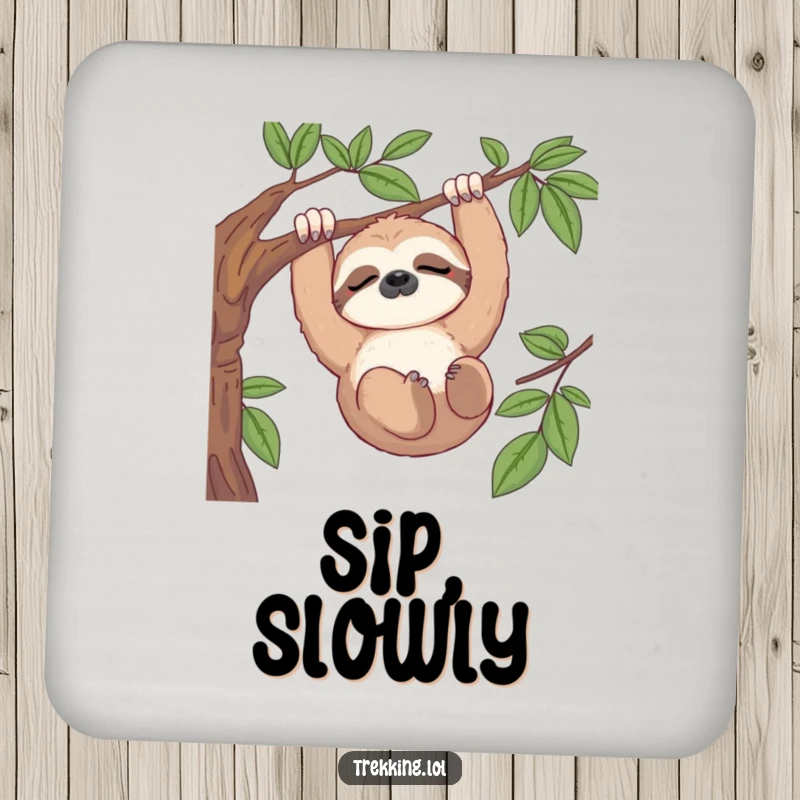 Funny drink coaster depicting a sleepy sloth hanging from a branch, enjoying a serene view, for surface protection.
