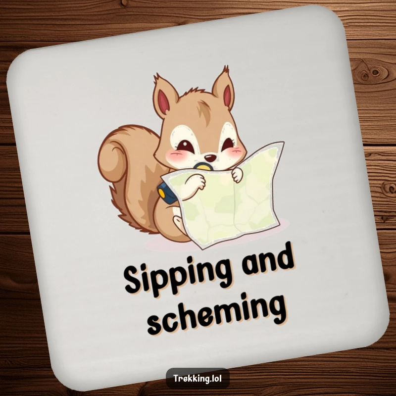 Funny drink coaster featuring a curious squirrel peering at a map with a headlamp, combining humor and protection.
