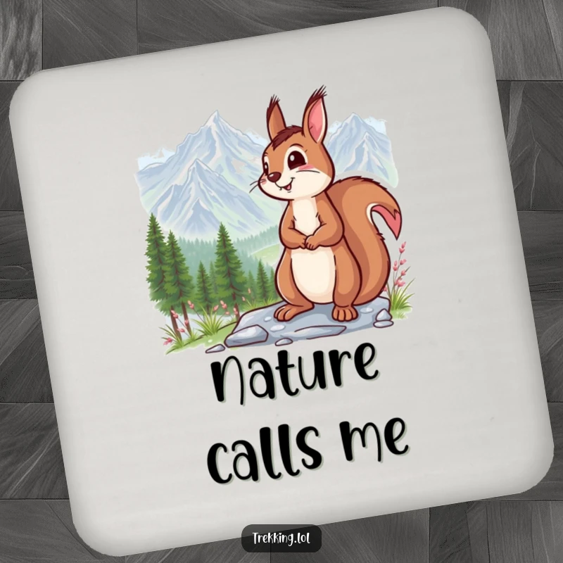 Funny drink coaster featuring a smiling squirrel admiring a breathtaking mountain vista, protecting surfaces with a touch of woodland humor.