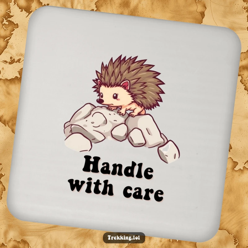 Funny drink coaster with a determined hedgehog carefully navigating over rocky terrain, protecting surfaces with humor.