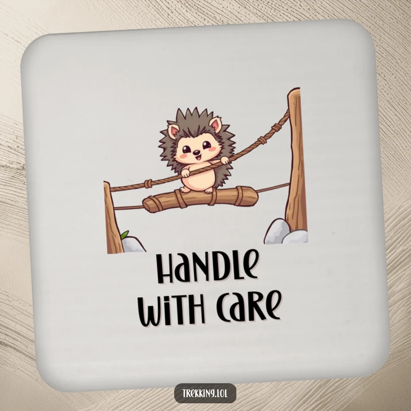 Funny drink coasters featuring a brave hedgehog crossing a rope bridge, adding a touch of daring adventure to beverage service.