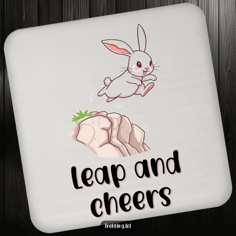 Funny Drink Coasters showcasing a determined rabbit leaping across a small chasm, providing surface protection with a touch of brave humor.
