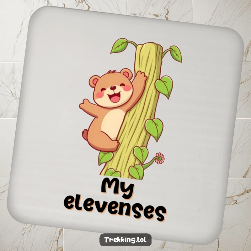 Funny Coaster: A happy bear enthusiastically climbs a towering beanstalk with a grin, offering humorous protection and a whimsical touch.