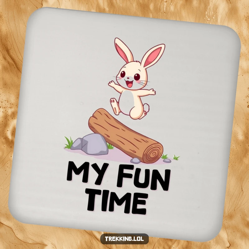 Funny Coaster: A cheerful bunny hops over a fallen log with joyful energy, offering humorous protection and a touch of spring delight.