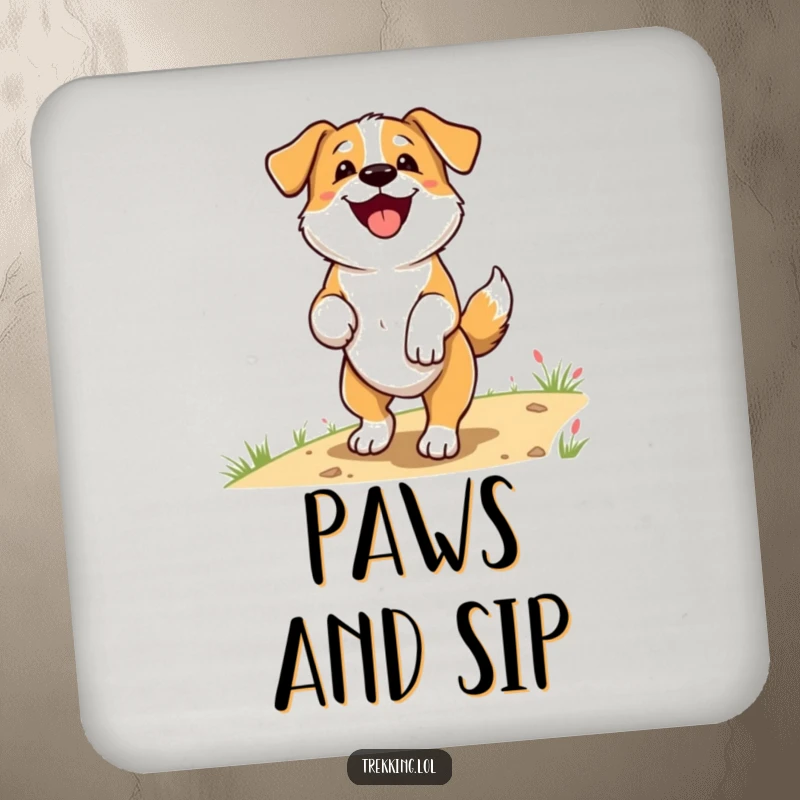 Funny Drink Coasters showcasing a delighted dog panting happily with tail wagging on a trail, providing surface protection with charm and humor.