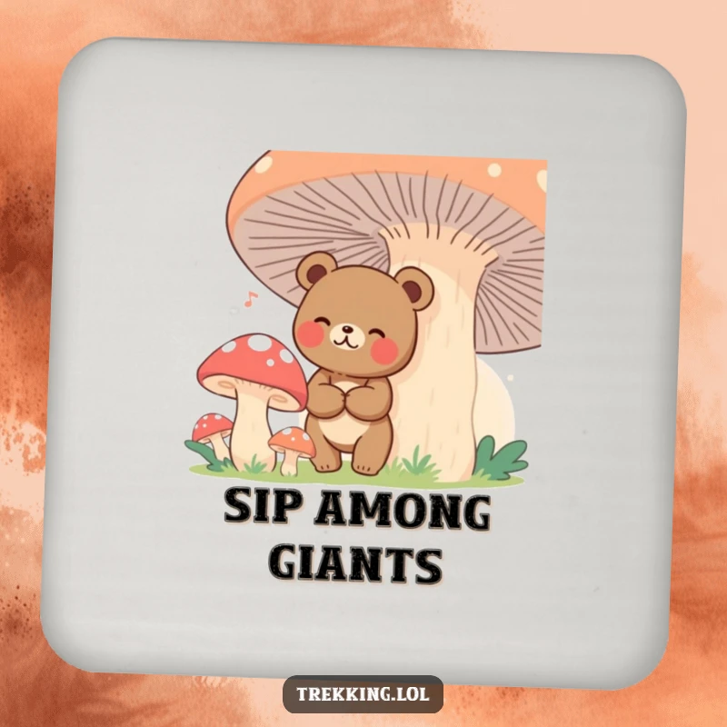 Funny bear lost among giant mushrooms, printed on a protective drink coaster, adds whimsical humor.