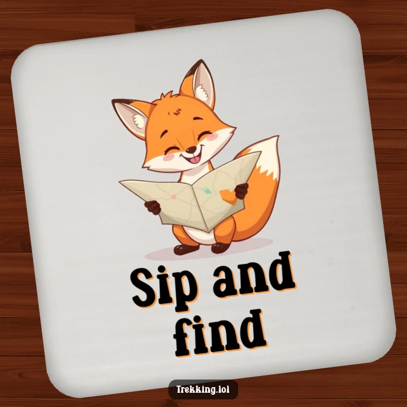 Funny cheerful fox consulting a large, unfolded map with a grin on a coaster, humorous table protection.