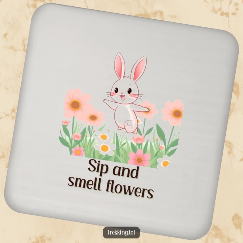 Funny drink coaster depicting a cheerful bunny hopping through a field of oversized flowers, adding a touch of whimsy to any surface.