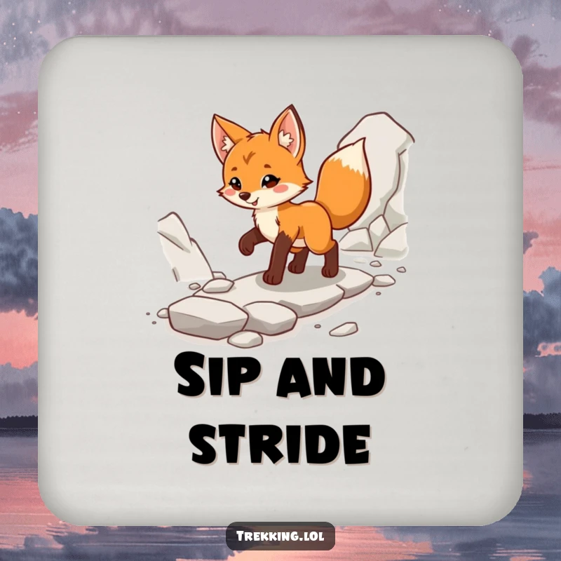 Funny fox cub drink coasters, confidently striding along a rocky path, adding a touch of adventure.
