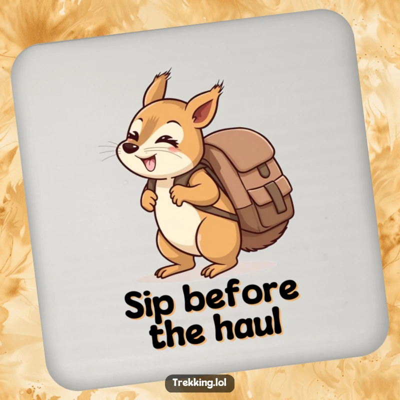 Funny giggling squirrel carrying a ridiculously oversized backpack uphill on a coaster, humorous table protection.