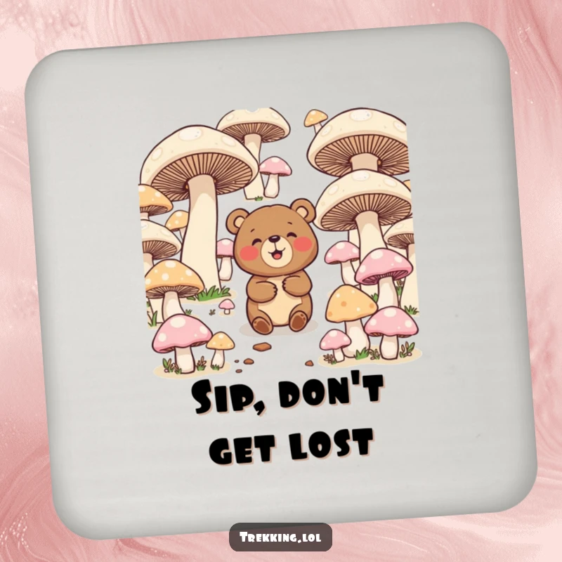 Funny drink coaster with a giggling bear navigating a maze of giant mushrooms, offering surface protection with a humorous design.