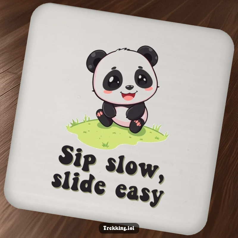 Funny panda drink coaster depicting a playful panda sliding down a grassy slope with pure glee. Joyful and humorous protection.