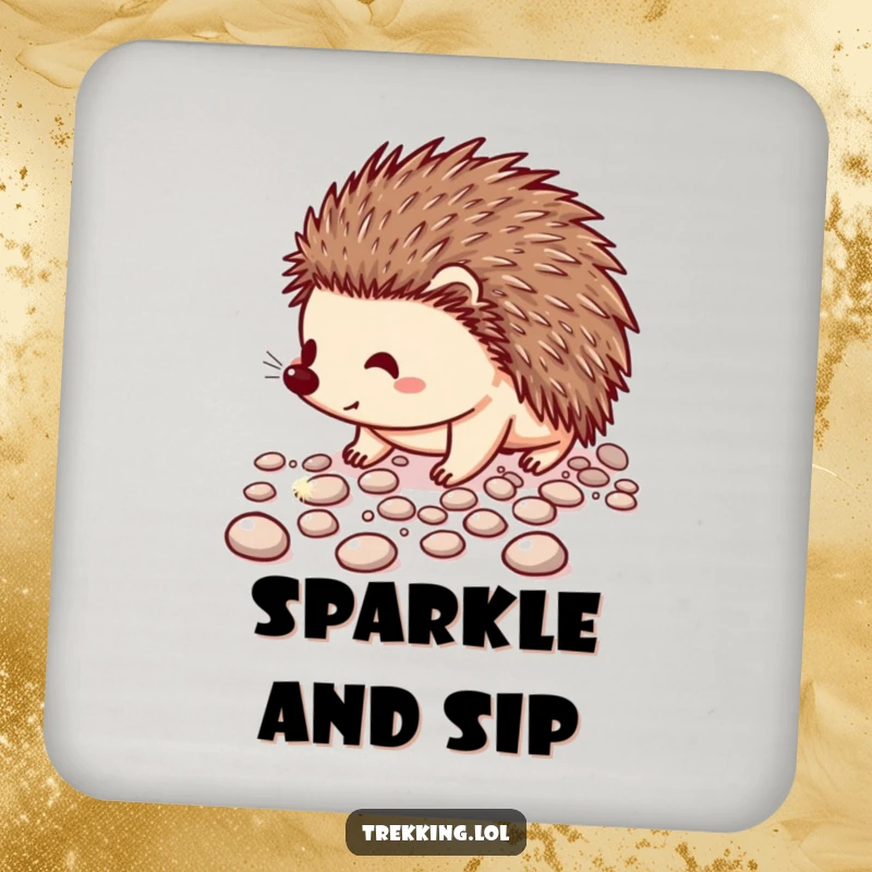 Funny drink coaster depicting a cheerful hedgehog carefully navigating a path of sparkling pebbles, for surface protection.