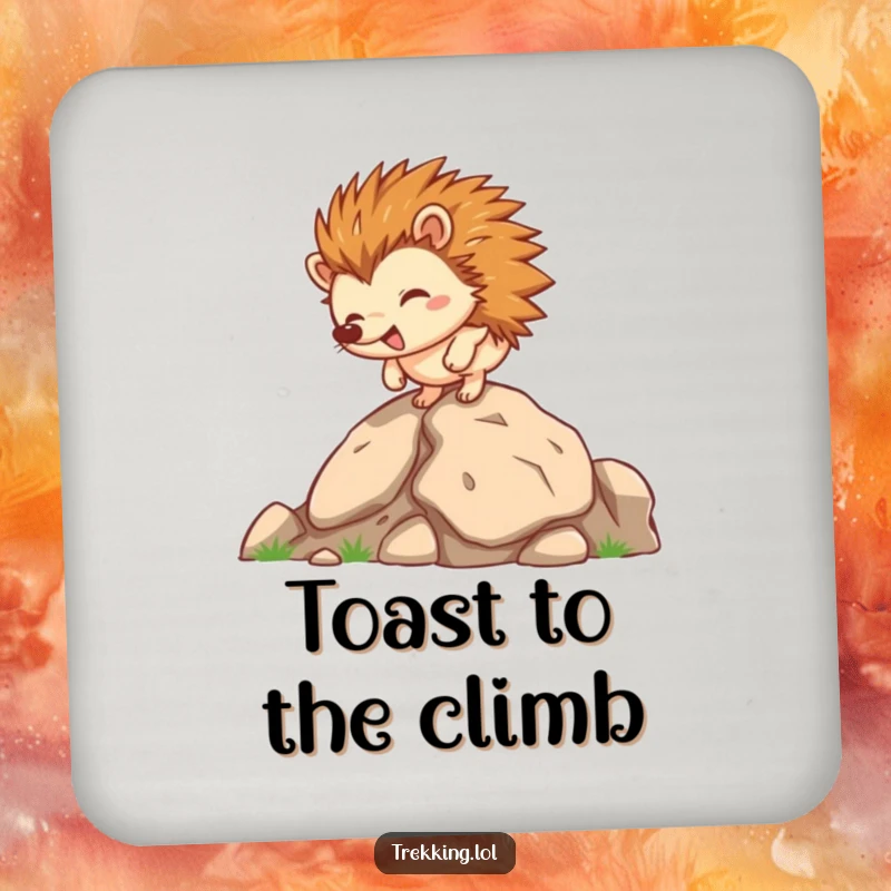 Funny hedgehog coasters, a happy hedgehog character climbing a rocky incline, protecting surfaces with humor.